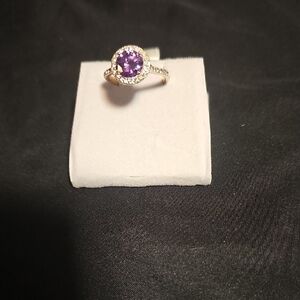 Amethyst Halo Gemstone Ring in Silver Tone